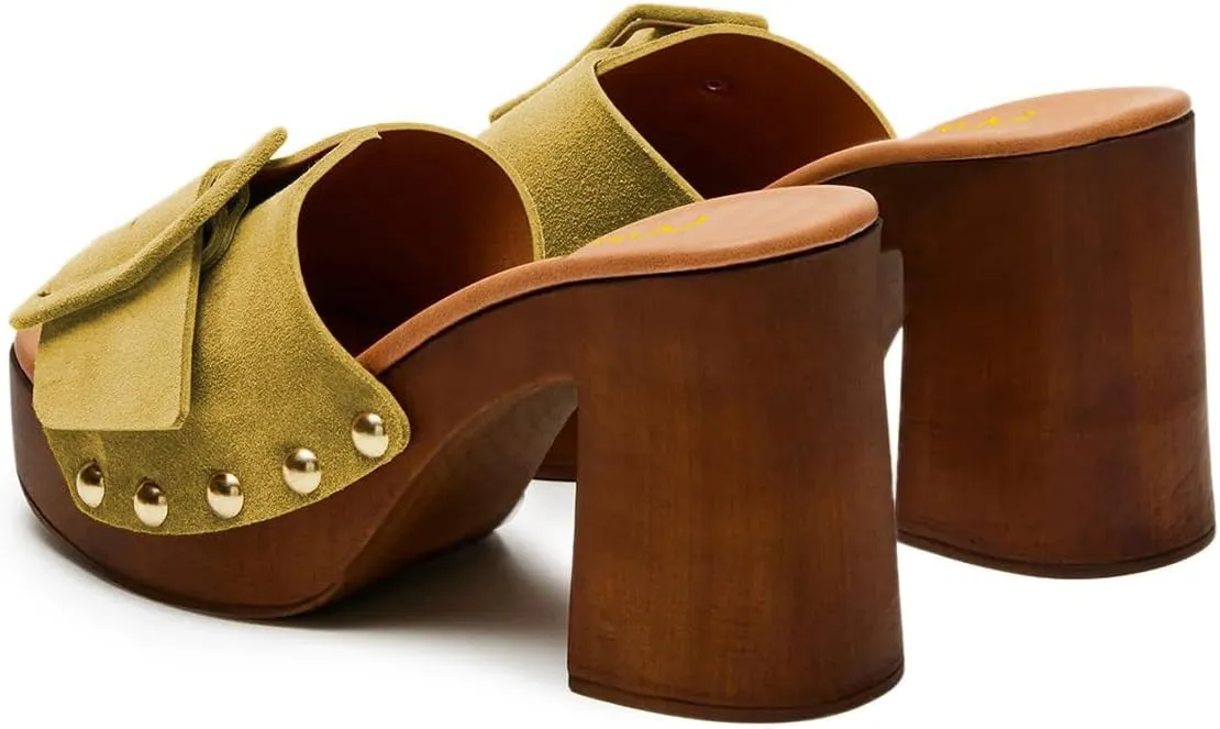 Milooey shoes Women's Open Round Toe Studded Platform Mules Chunkly Block High Heel Slippers Buckle Slip On Sandals Indoor Outdoor Daily Causal Slide Shoe Size 4-16 US