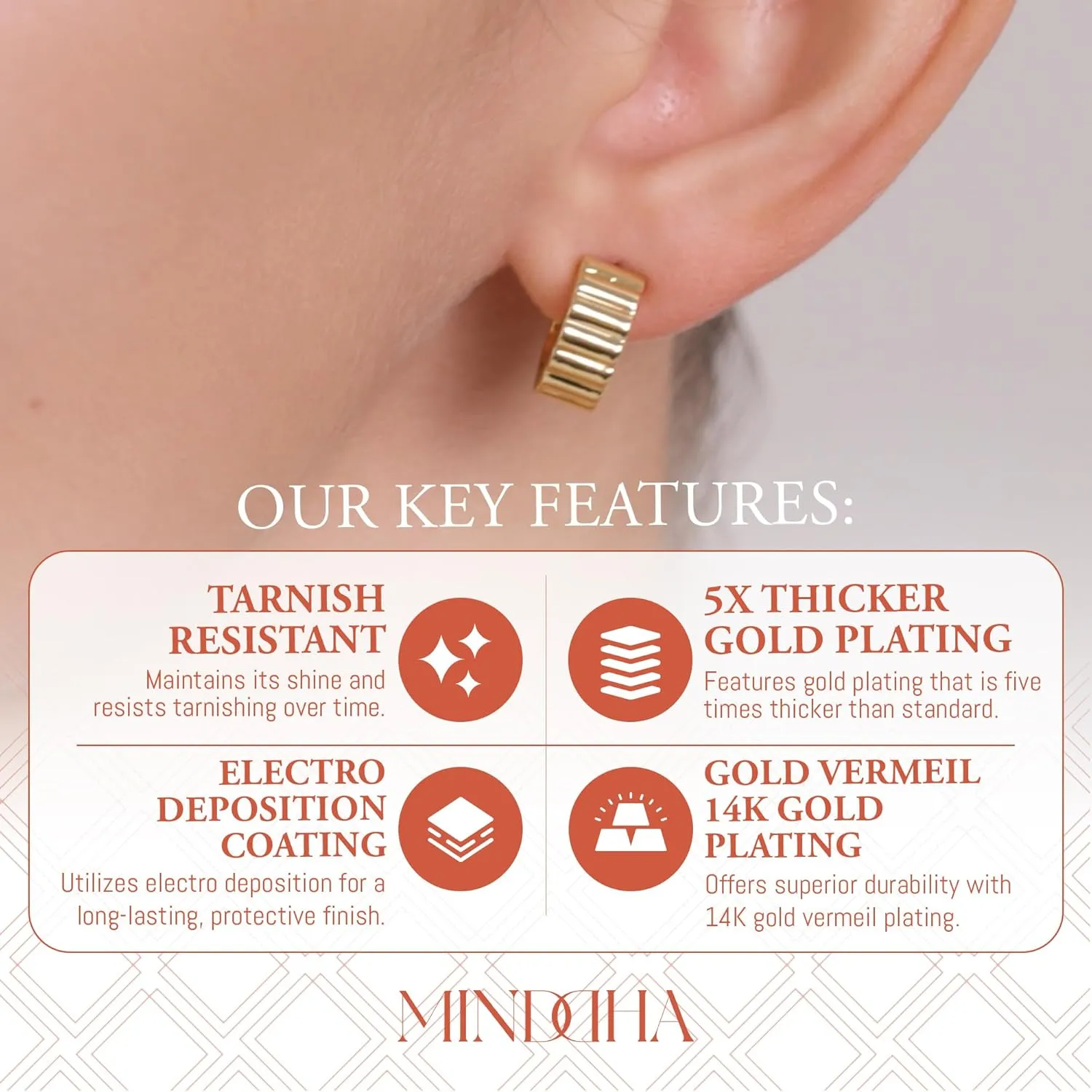 MINDDHA 14K Gold Plated Ribbed Croissant Hoop Earrings | 925 Sterling Silver Post, Lightweight Chunky Huggie Jewelry for Women | Everyday Wear, Chic Boho Style Statement Earrings | 13.5mm Diameter
