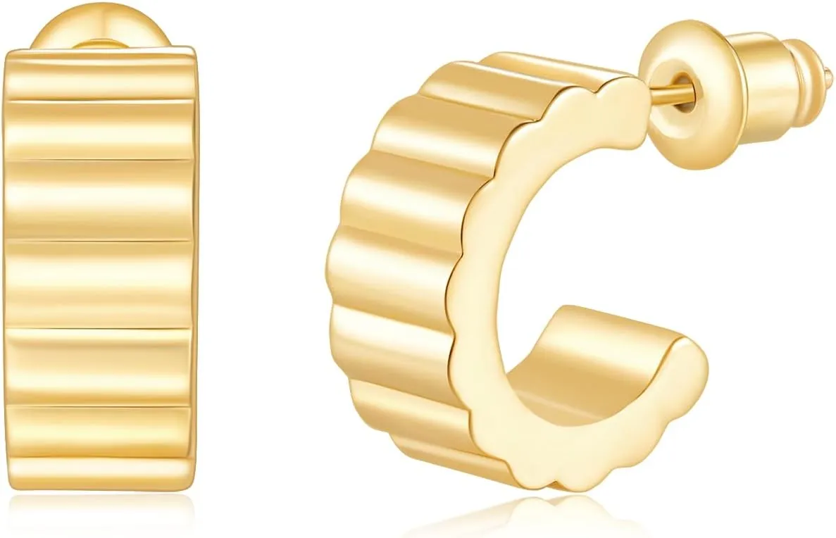 MINDDHA 14K Gold Plated Ribbed Croissant Hoop Earrings | 925 Sterling Silver Post, Lightweight Chunky Huggie Jewelry for Women | Everyday Wear, Chic Boho Style Statement Earrings | 13.5mm Diameter