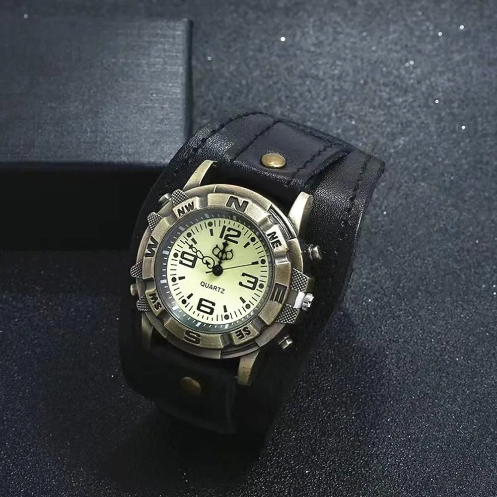 MINILUJIA Handmade Men Watches Vintage Punk Hip-hop Gothic Soft Wide Leather Fashion Cuff Women Wristwatch Round Bronze Dial Quartz