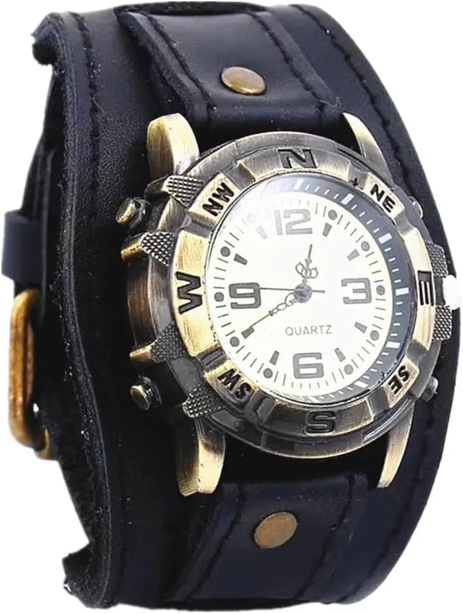 MINILUJIA Handmade Men Watches Vintage Punk Hip-hop Gothic Soft Wide Leather Fashion Cuff Women Wristwatch Round Bronze Dial Quartz