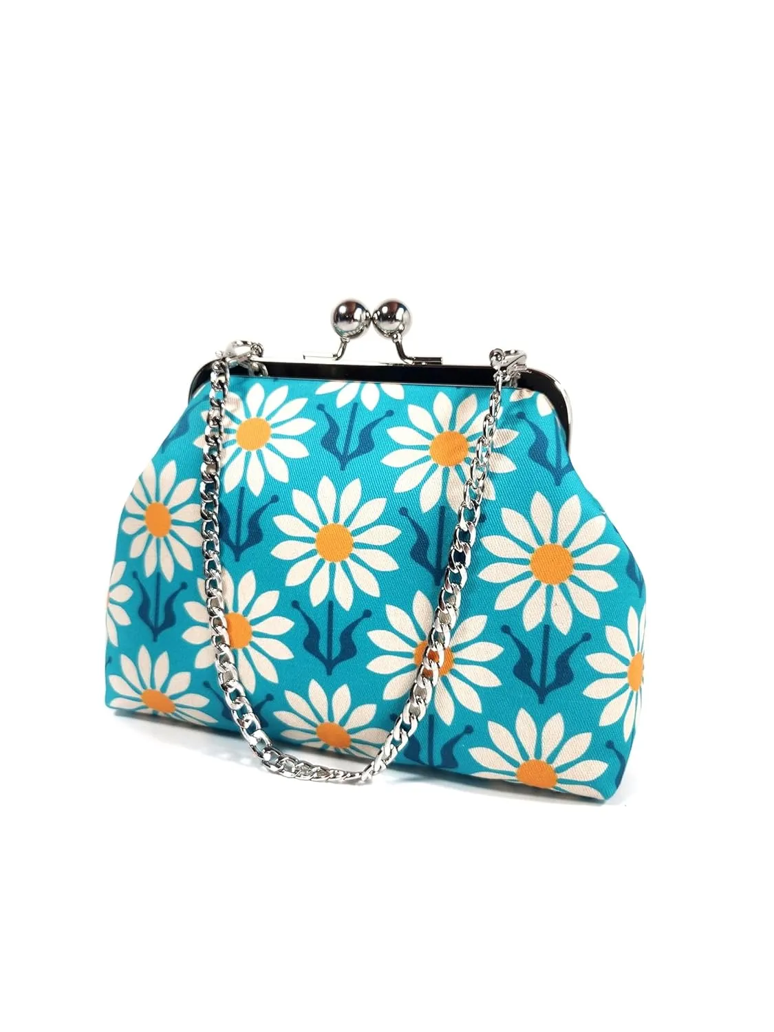 Mod 1960s Floral Daisy Kisslock Clutch, Blue and White Retro Evening Bag, Novelty Purse, Gift for Women