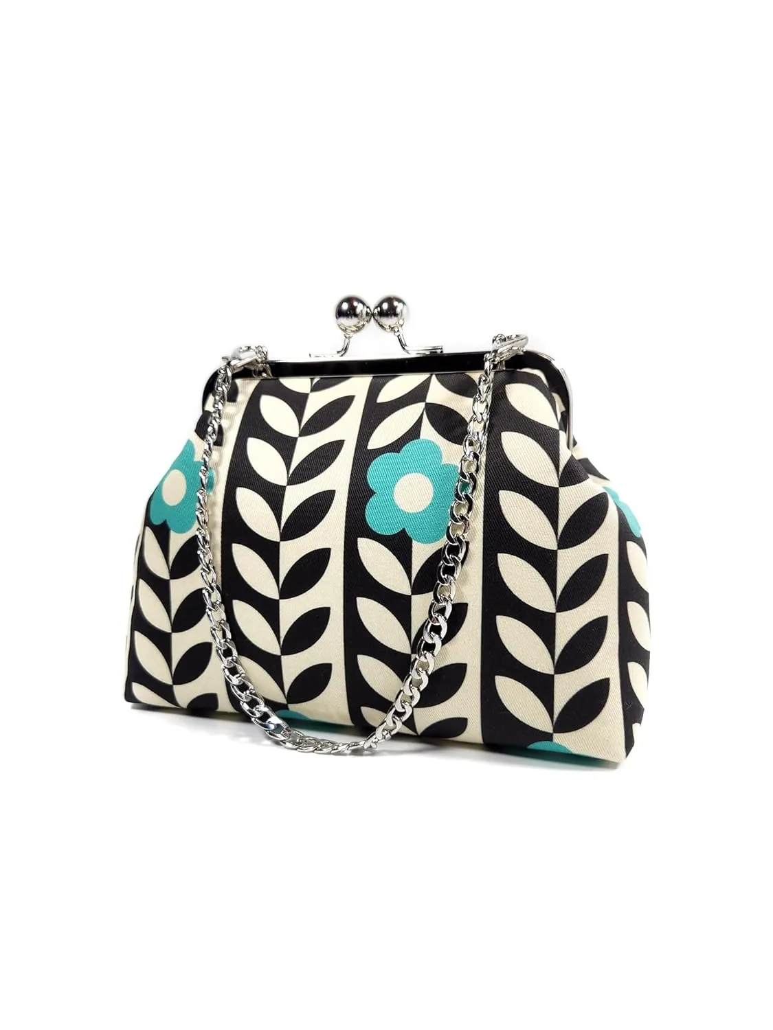 Mod Floral Kisslock Clutch, Turquoise and Black Retro Evening Bag, Novelty Purse, Gift for Women