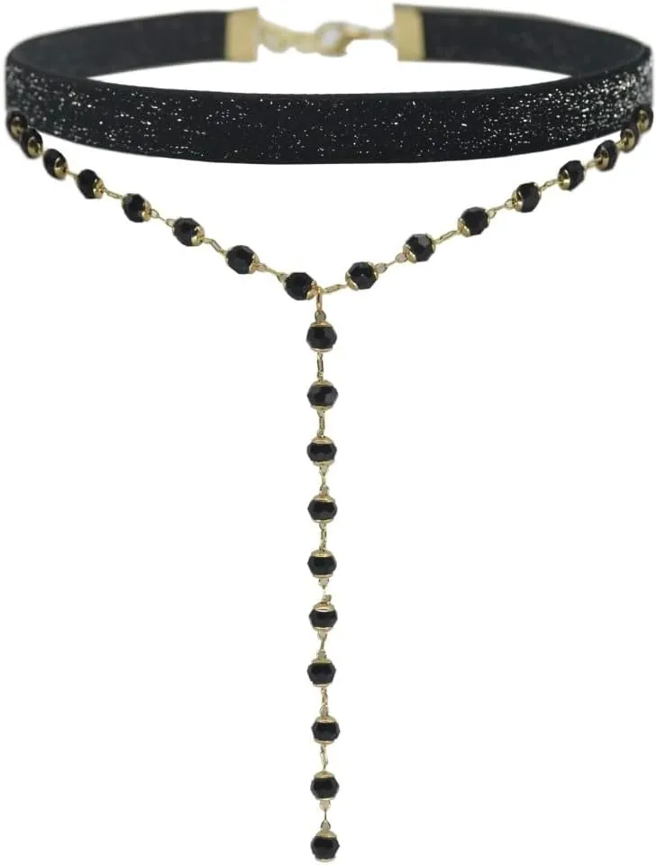 MOMOCAT 14K Gold Plated Black Beads and Shiny Velvet Long Tassel Choker Necklaces