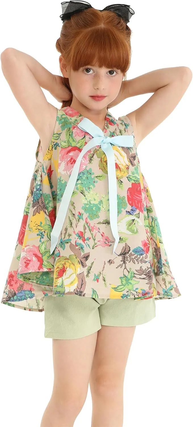 Mud Kingdom Little Girls Shorts Sets Floral Pattern Summer Sleeveless 2 Piece Outfits
