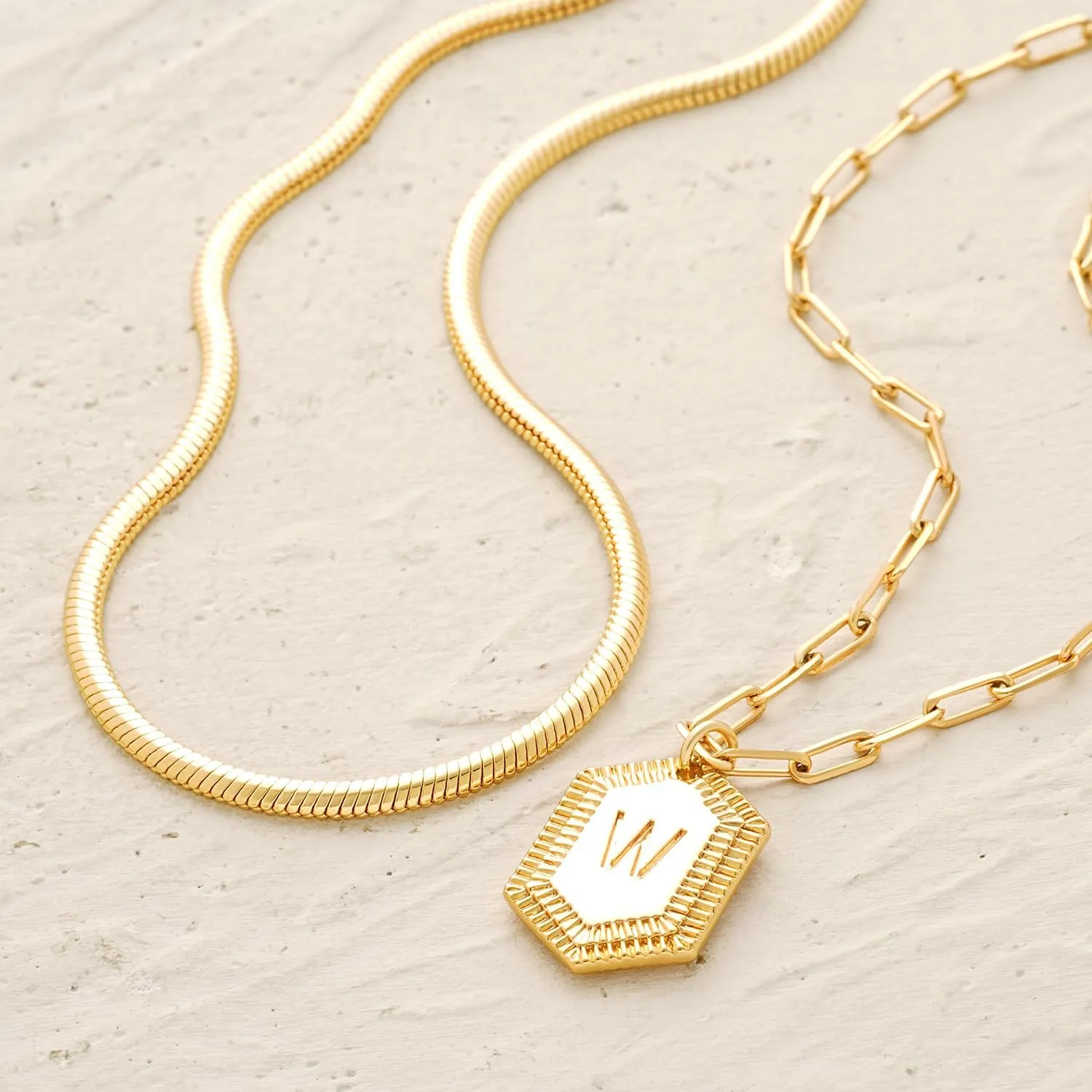 MYEARS Women Layered Necklace Gold Italian Snake Chain Choker Initial Hexagon Halo Radiant Pendant 14K Gold Plated Simple Dainty Paperclip Everyday Trendy Jewelry Letter A-Z