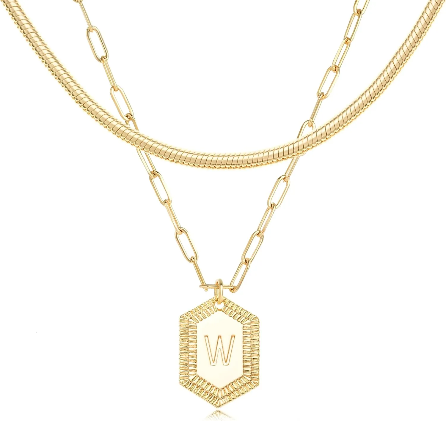 MYEARS Women Layered Necklace Gold Italian Snake Chain Choker Initial Hexagon Halo Radiant Pendant 14K Gold Plated Simple Dainty Paperclip Everyday Trendy Jewelry Letter A-Z