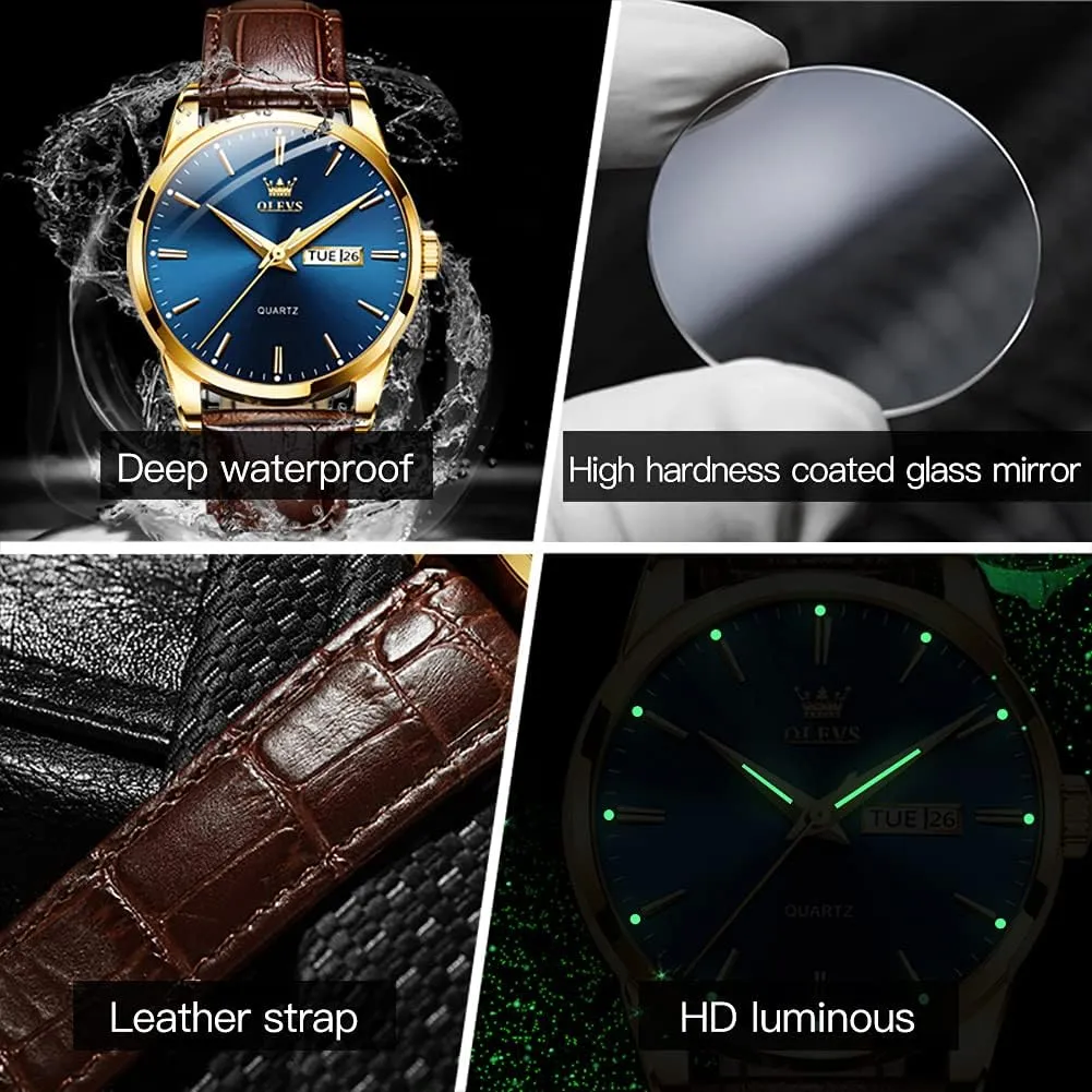 OLEVS Amazon Watches,Brown Leather Watch for Men,Men Day Date Watch,Men's Luminous Watch,Dress Watch for Men,Rose Gold Watch for Men,Men's Fashion Quartz Watch,Waterproof Brown Man Watches