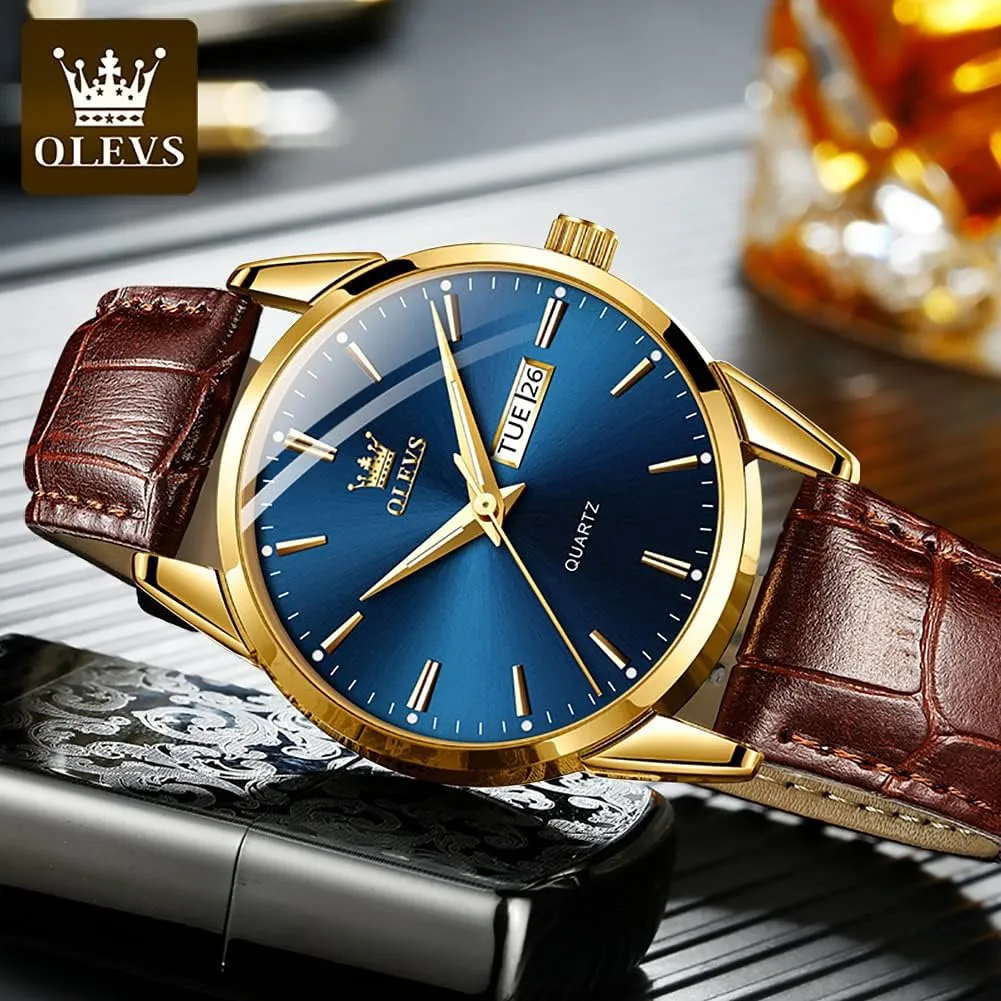 OLEVS Amazon Watches,Brown Leather Watch for Men,Men Day Date Watch,Men's Luminous Watch,Dress Watch for Men,Rose Gold Watch for Men,Men's Fashion Quartz Watch,Waterproof Brown Man Watches