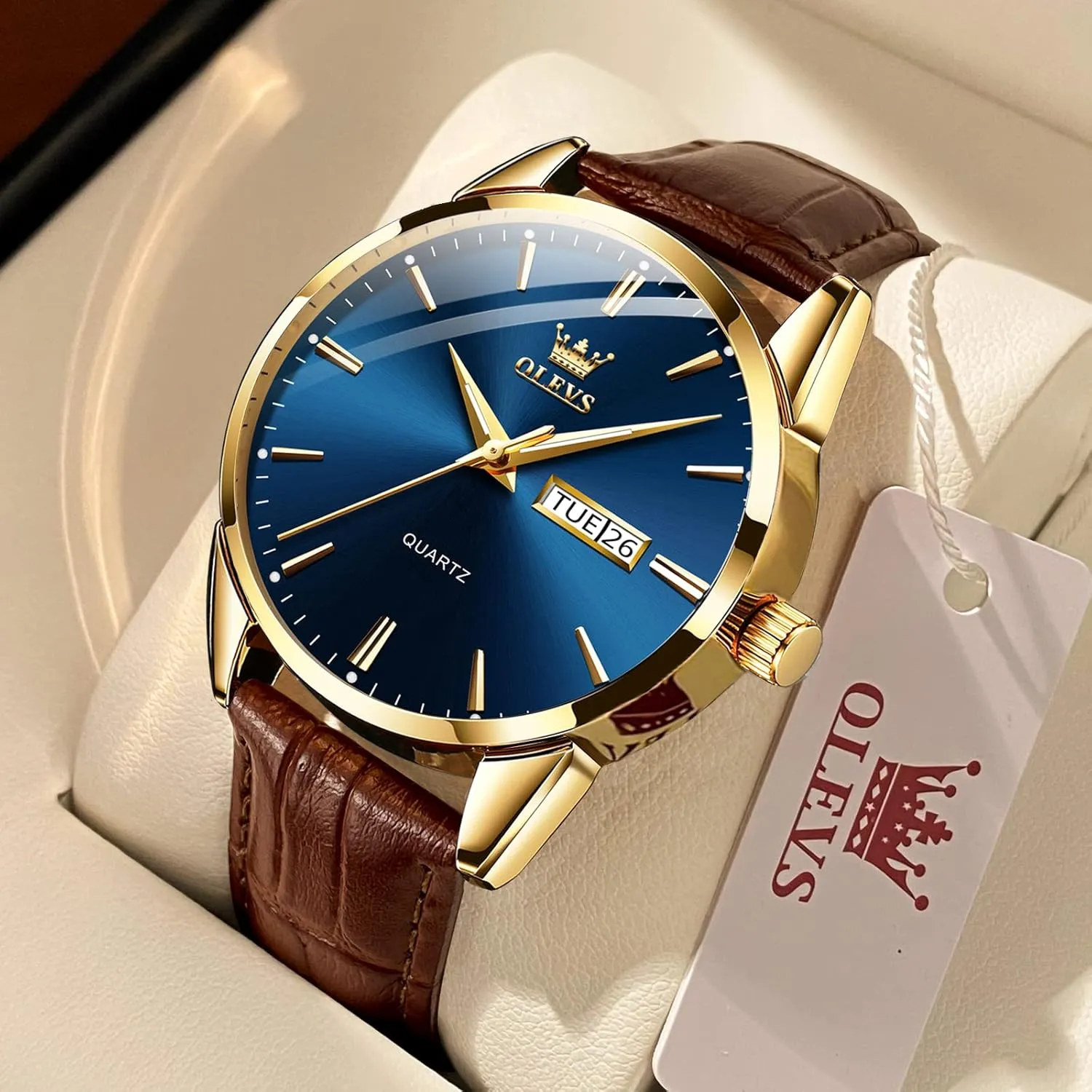 OLEVS Amazon Watches,Brown Leather Watch for Men,Men Day Date Watch,Men's Luminous Watch,Dress Watch for Men,Rose Gold Watch for Men,Men's Fashion Quartz Watch,Waterproof Brown Man Watches