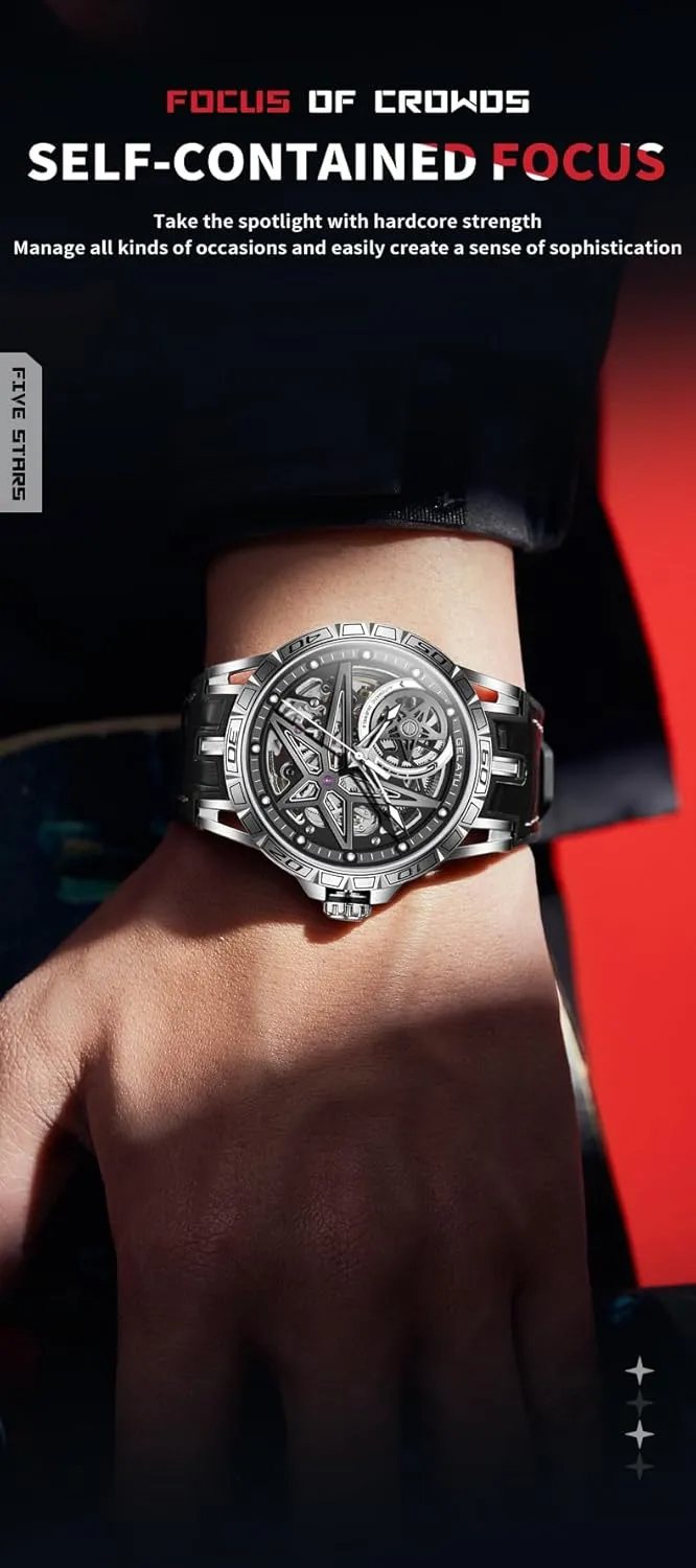 OLEVS Mens Automatic Watches Silver Skeleton Binary Star Galaxy Self Winding Mechanical Original Wrist Watch for Men