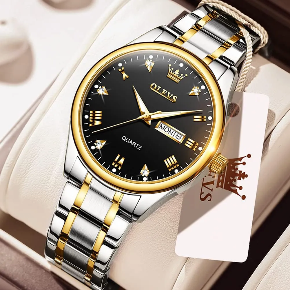 OLEVS Mens Gold Watches Analog Quartz Business Dress Watch Day Date Stainless Steel Classic Luxury Luminous Waterproof Casual Male Wrist Watches