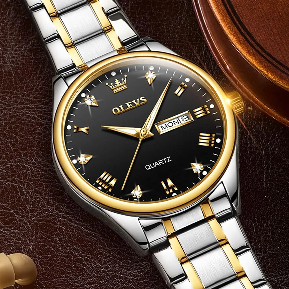 OLEVS Mens Gold Watches Analog Quartz Business Dress Watch Day Date Stainless Steel Classic Luxury Luminous Waterproof Casual Male Wrist Watches