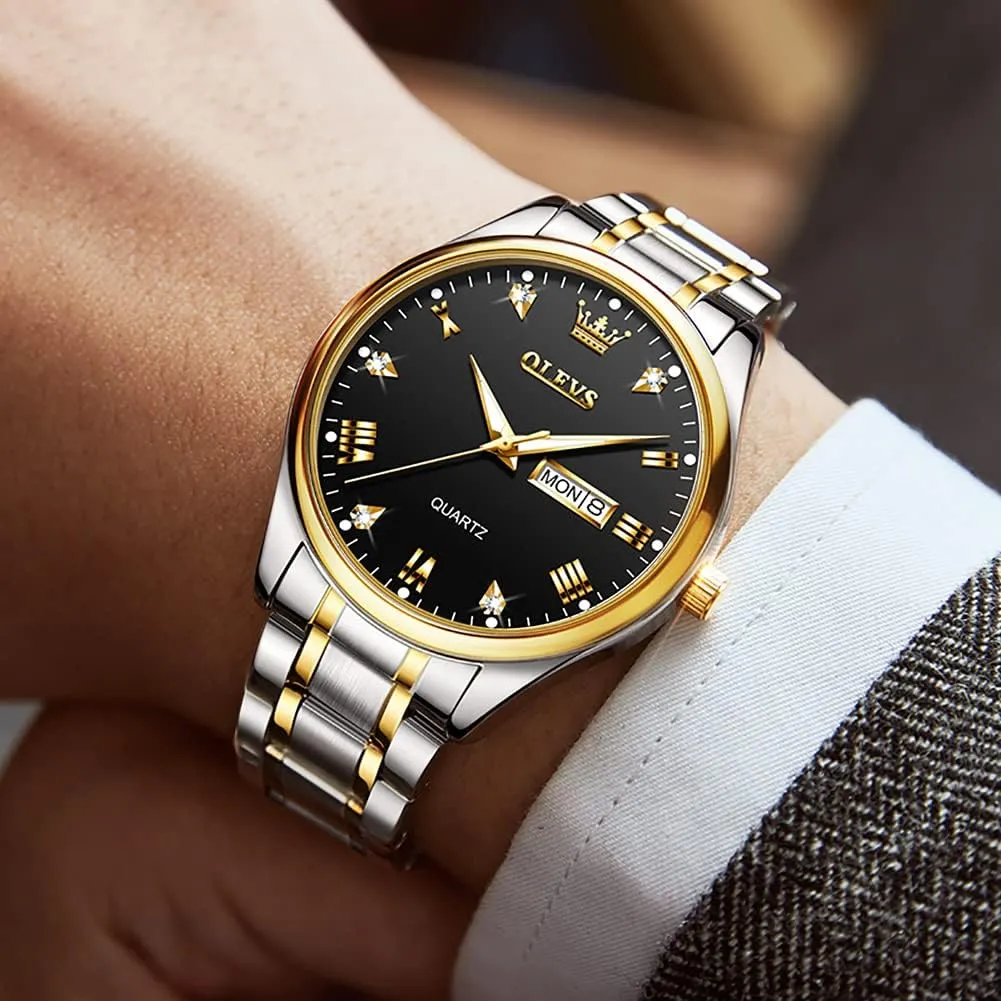 OLEVS Mens Gold Watches Analog Quartz Business Dress Watch Day Date Stainless Steel Classic Luxury Luminous Waterproof Casual Male Wrist Watches
