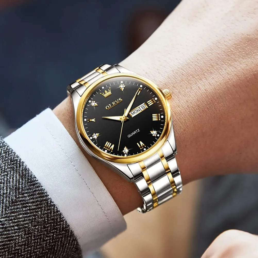 OLEVS Mens Gold Watches Analog Quartz Business Dress Watch Day Date Stainless Steel Classic Luxury Luminous Waterproof Casual Male Wrist Watches