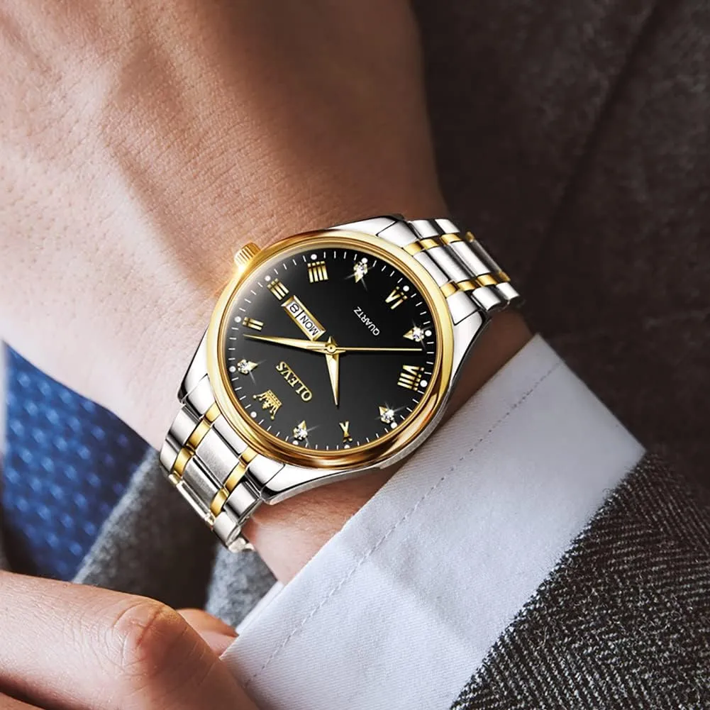 OLEVS Mens Gold Watches Analog Quartz Business Dress Watch Day Date Stainless Steel Classic Luxury Luminous Waterproof Casual Male Wrist Watches