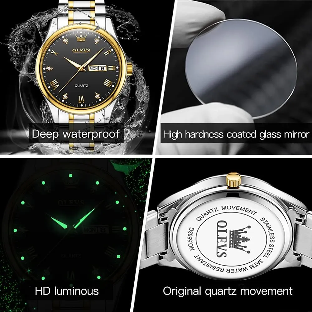 OLEVS Mens Gold Watches Analog Quartz Business Dress Watch Day Date Stainless Steel Classic Luxury Luminous Waterproof Casual Male Wrist Watches
