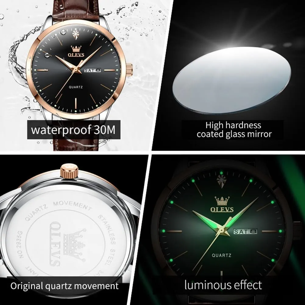 OLEVS Mens Watches with Leather Band Mens Leather Watch Classic Dress Luxury Watches for Men Waterproof Classy Quartz Analog Casual Watches Minimalist Simple Wristwatch relojes para Hombres