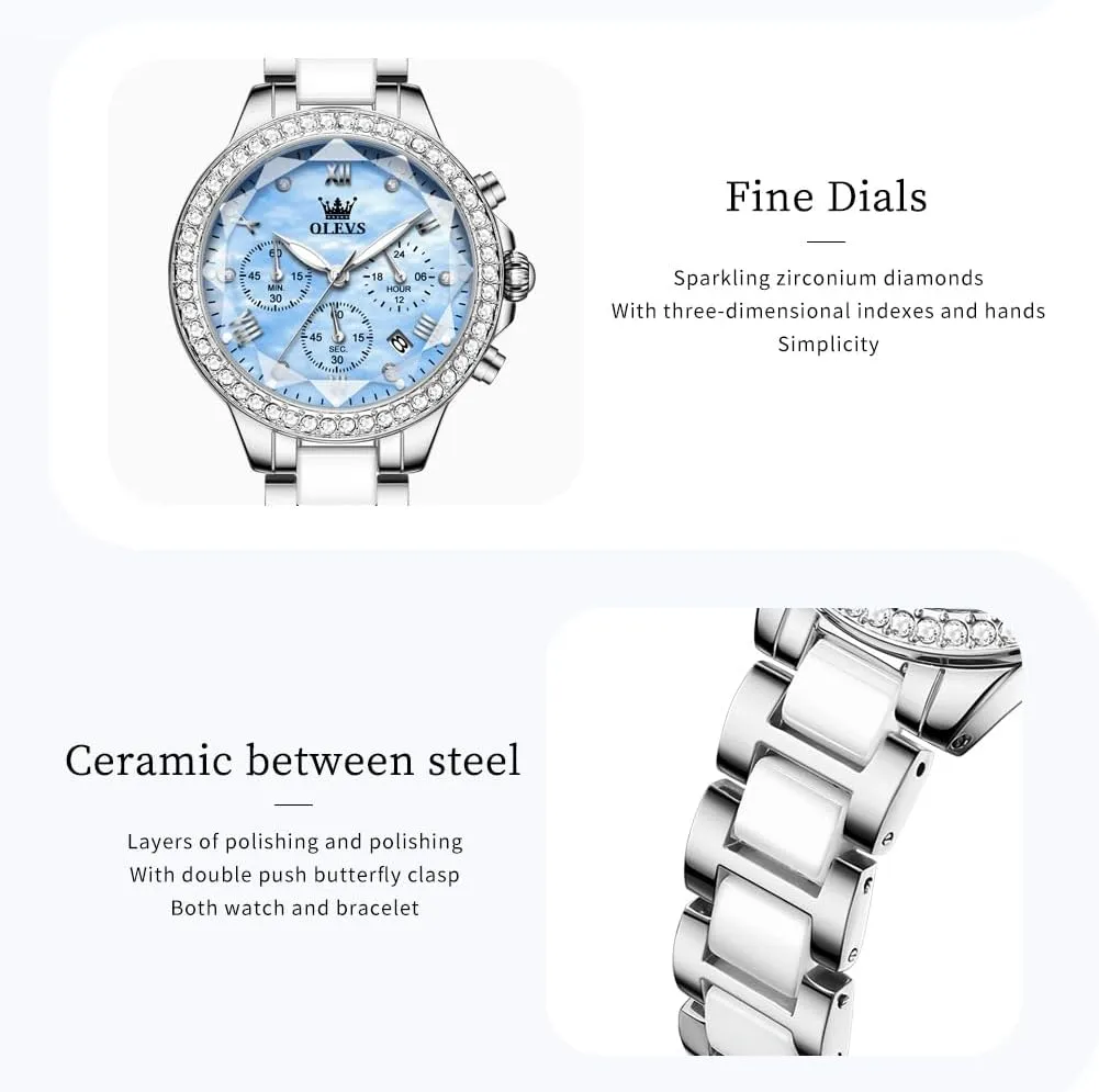 OLEVS Women's Rose Gold Automatic Watches Skeleton Mechanical Self Winding Ladies Elegant Luxury Dress Butterfly Diamond White Ceramic Band Watch Gift