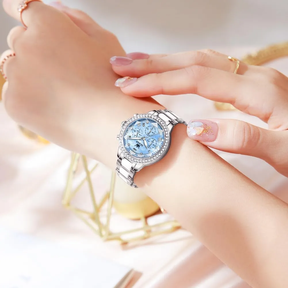 OLEVS Women's Rose Gold Automatic Watches Skeleton Mechanical Self Winding Ladies Elegant Luxury Dress Butterfly Diamond White Ceramic Band Watch Gift