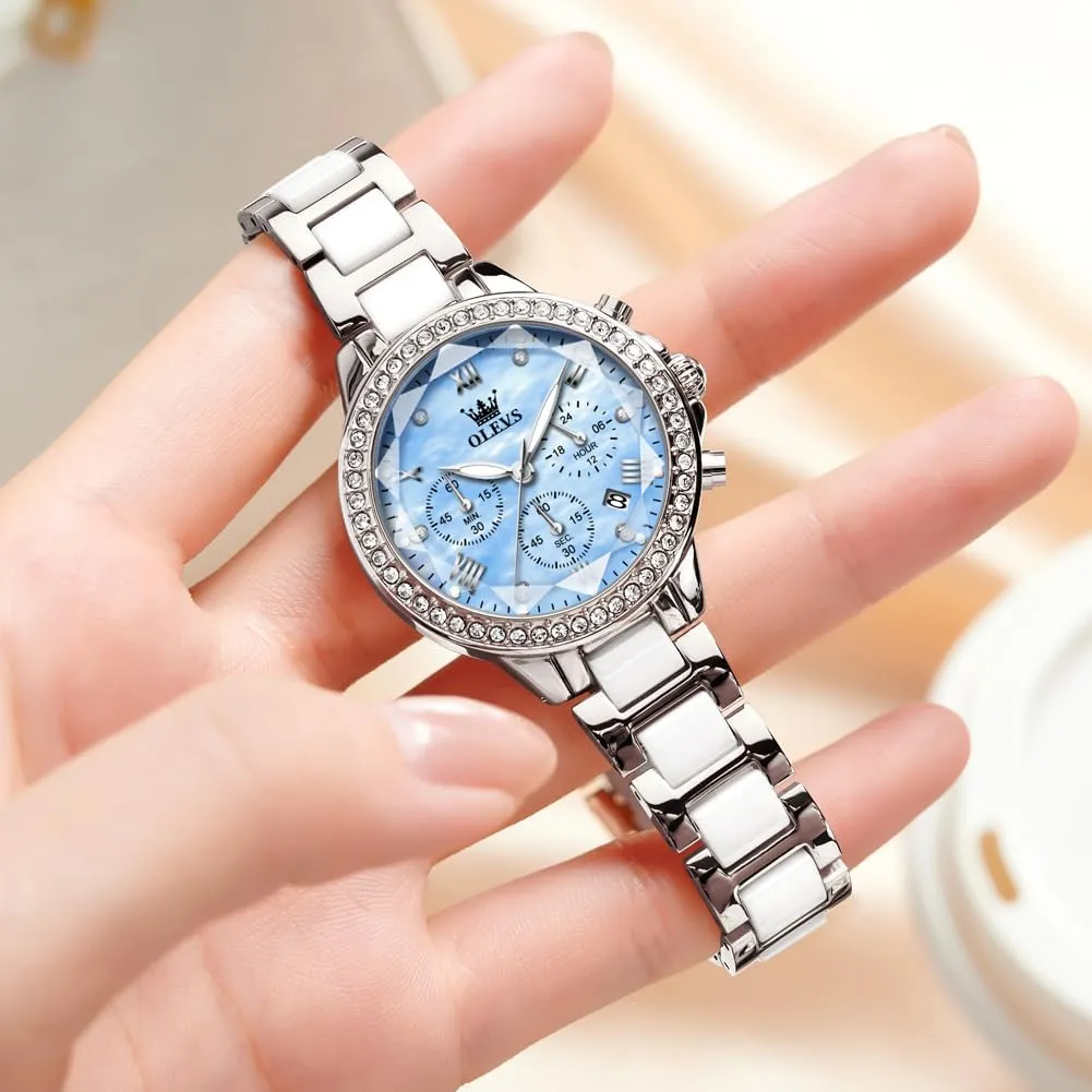 OLEVS Women's Rose Gold Automatic Watches Skeleton Mechanical Self Winding Ladies Elegant Luxury Dress Butterfly Diamond White Ceramic Band Watch Gift