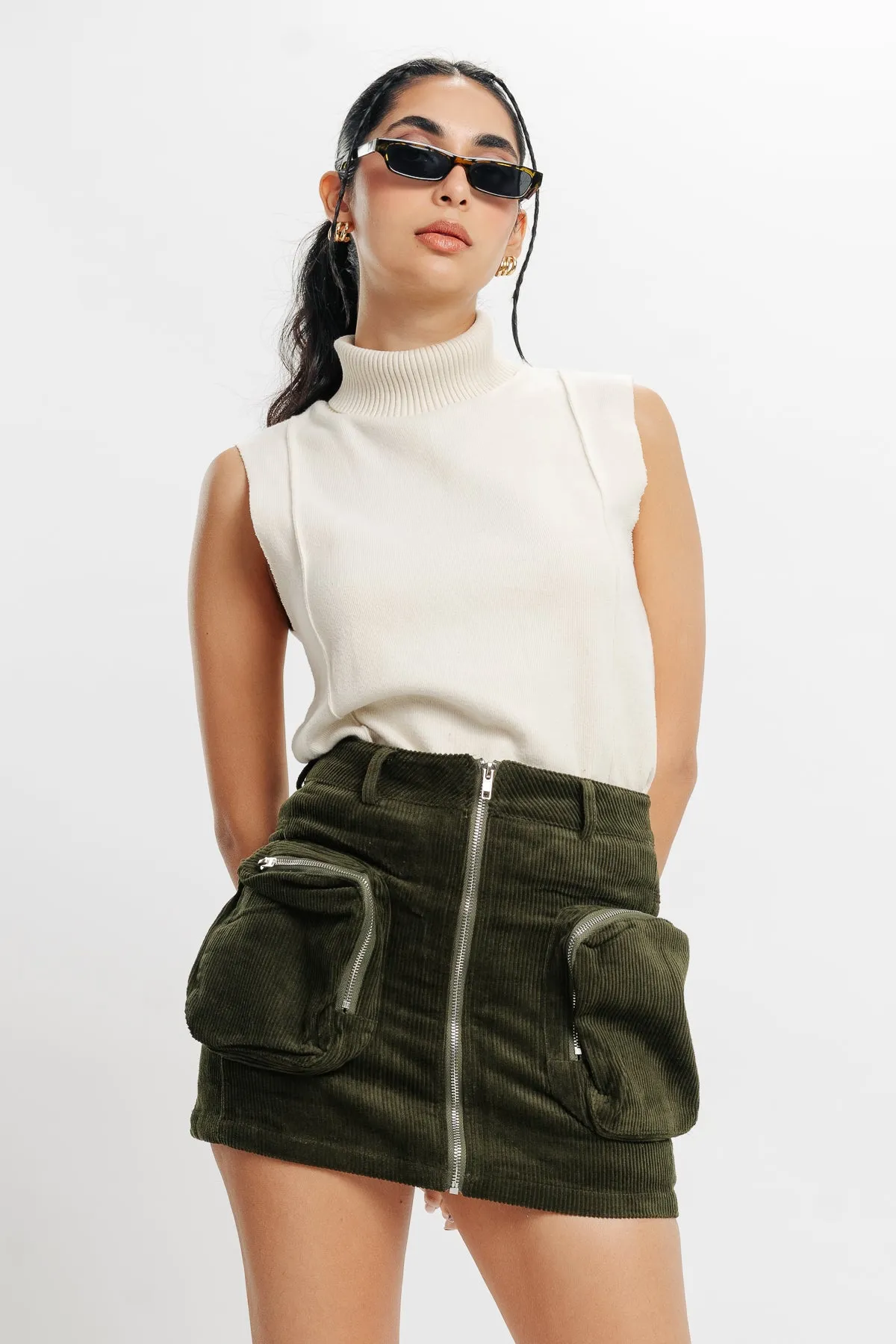 Olive Green Cargo Corduroy Skirt
