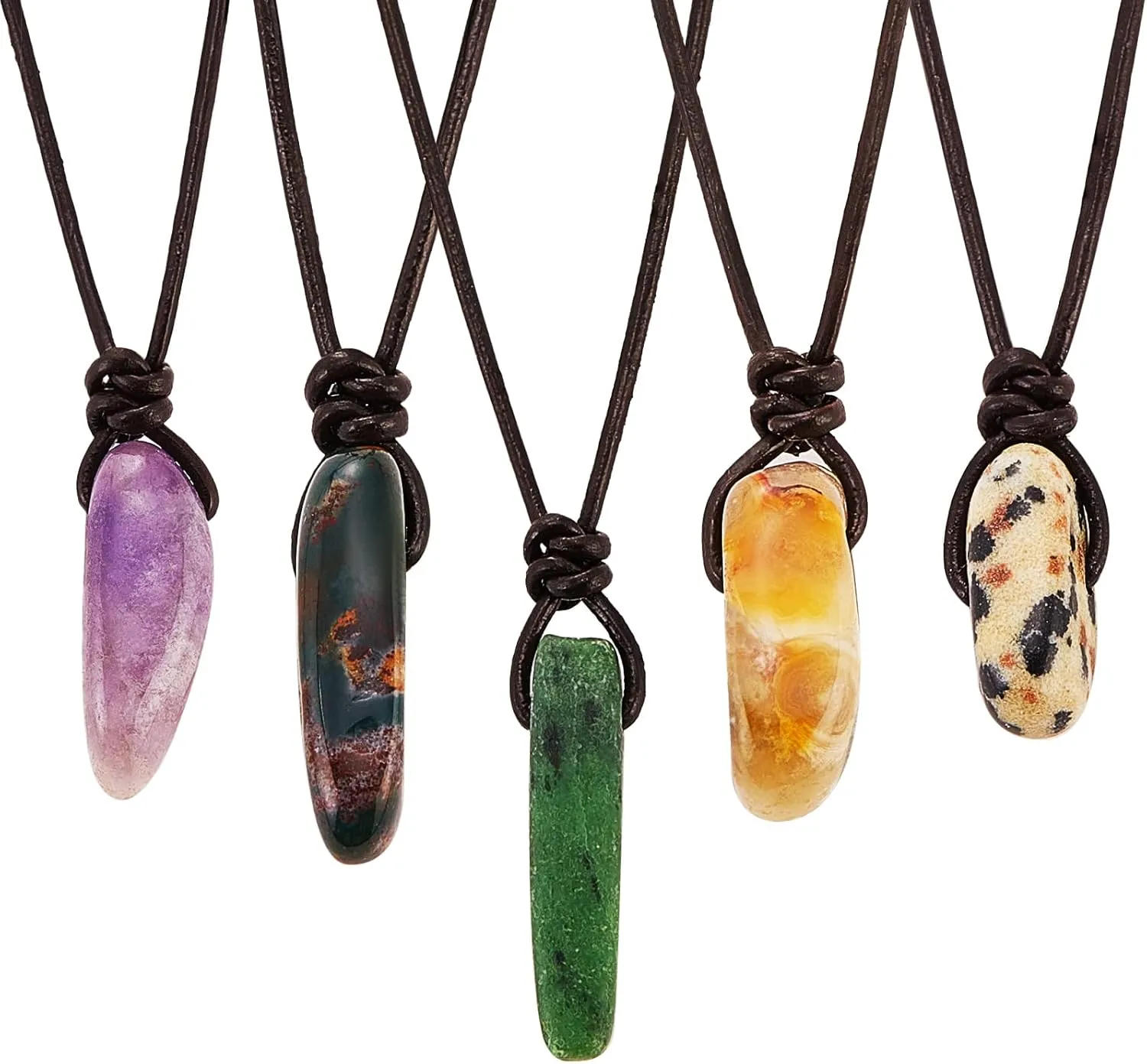 Ornaland 5 Pcs 5 Styles Natural Mixed Gemstone Pendant Necklace Adjustable Crystal Stone Charms Necklace with Cowhide Leather Cord Jewelry for Women