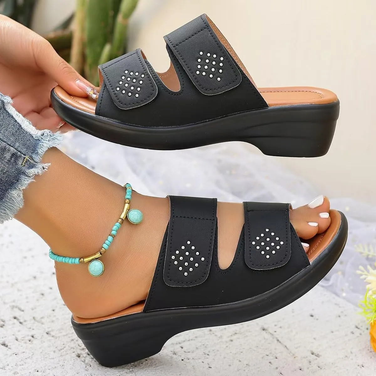 Orthopedic Sandals For Women Arch Support Walking Sandals Two Straps Wedge Sandals Bohemian Comfortable Outdoor Shoes
