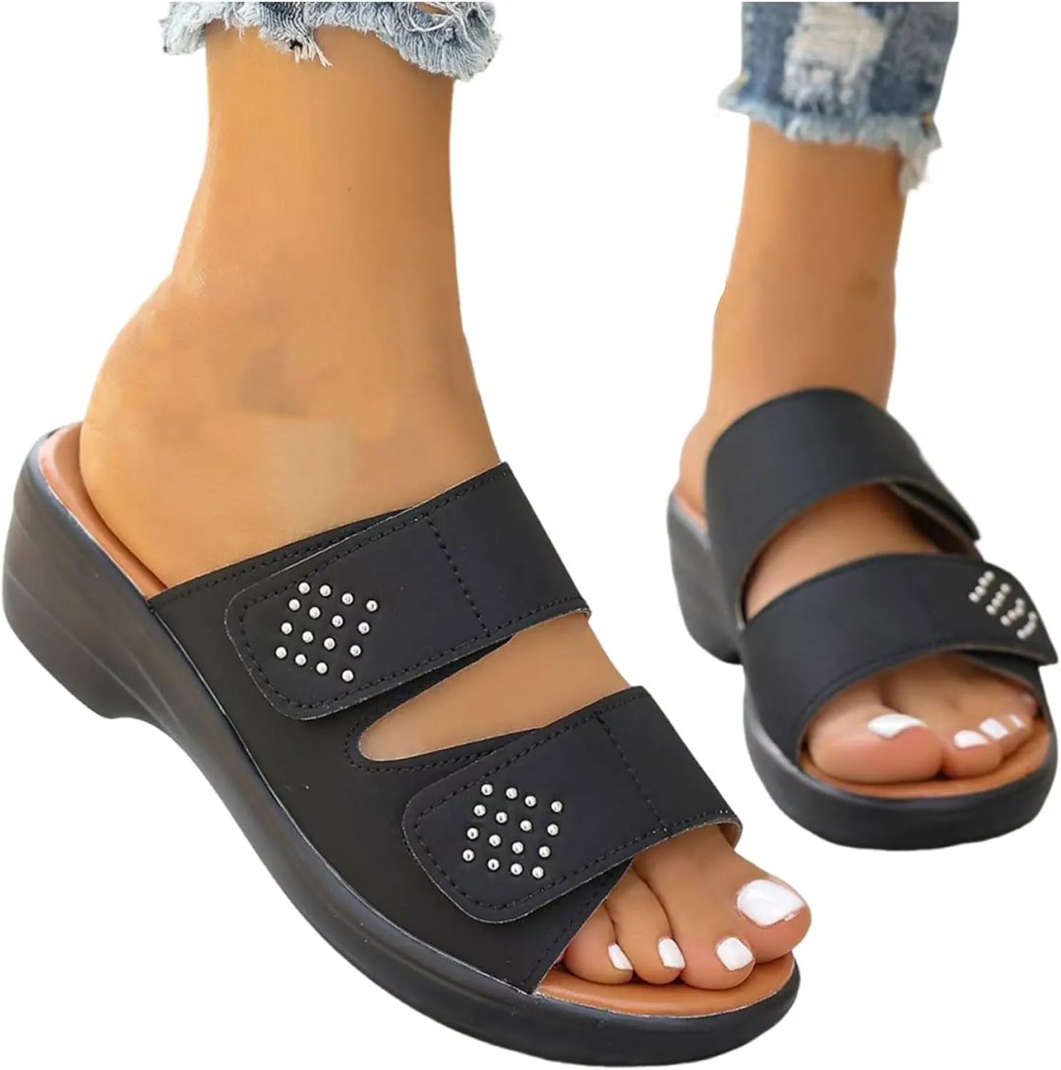 Orthopedic Sandals For Women Arch Support Walking Sandals Two Straps Wedge Sandals Bohemian Comfortable Outdoor Shoes