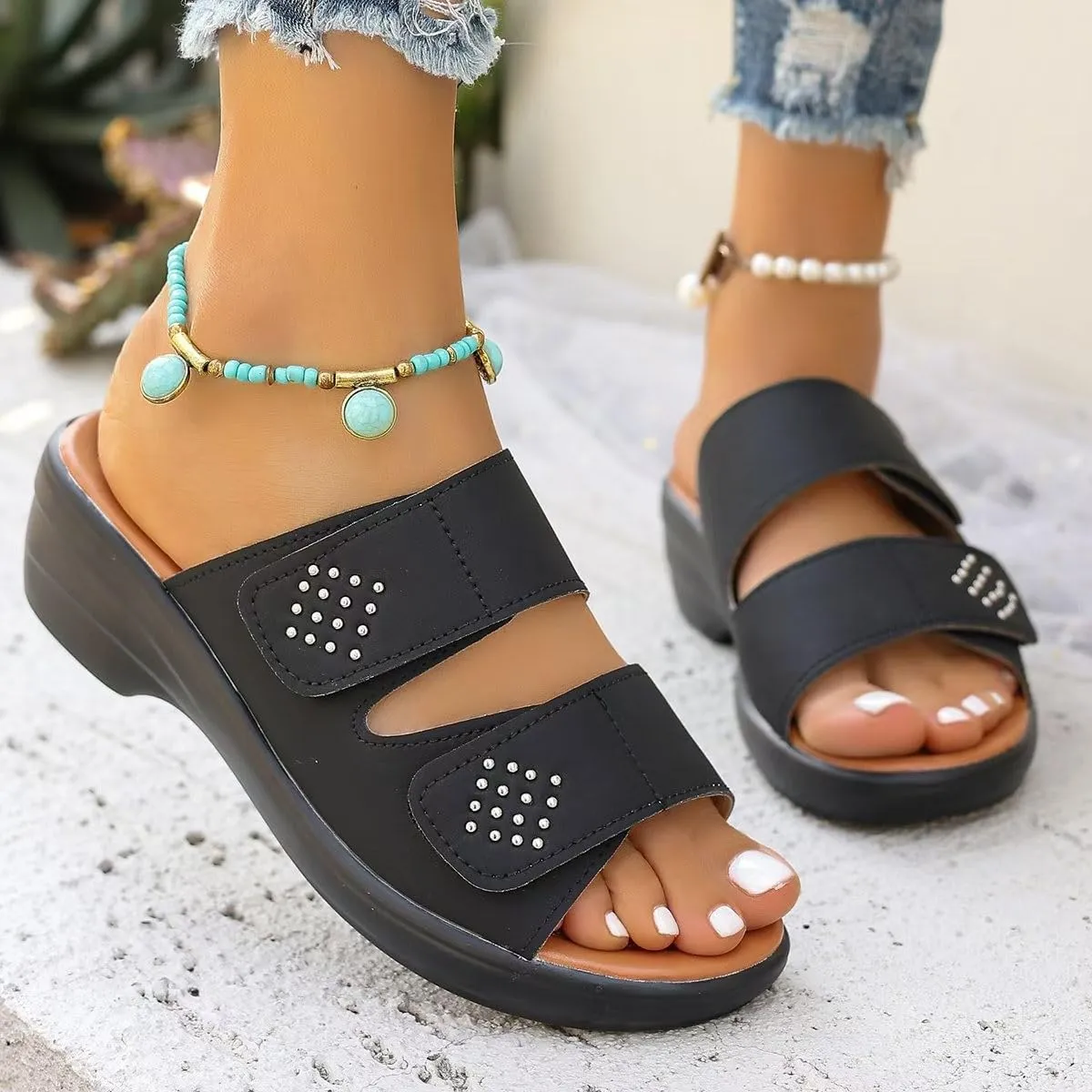Orthopedic Sandals For Women Arch Support Walking Sandals Two Straps Wedge Sandals Bohemian Comfortable Outdoor Shoes