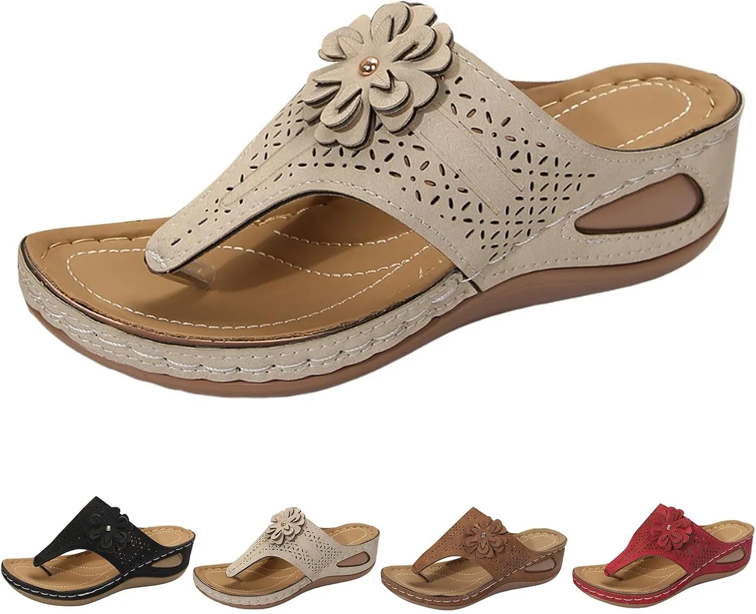 Orthopedic Slippers for Women with Arch Support, Thong Wedge Sandals Dressy, Flower Decoration Hollow Out Flip Flops, Comfortable Breathable Flats, Classic Sandal for Summer Beach, Non Slip Walking