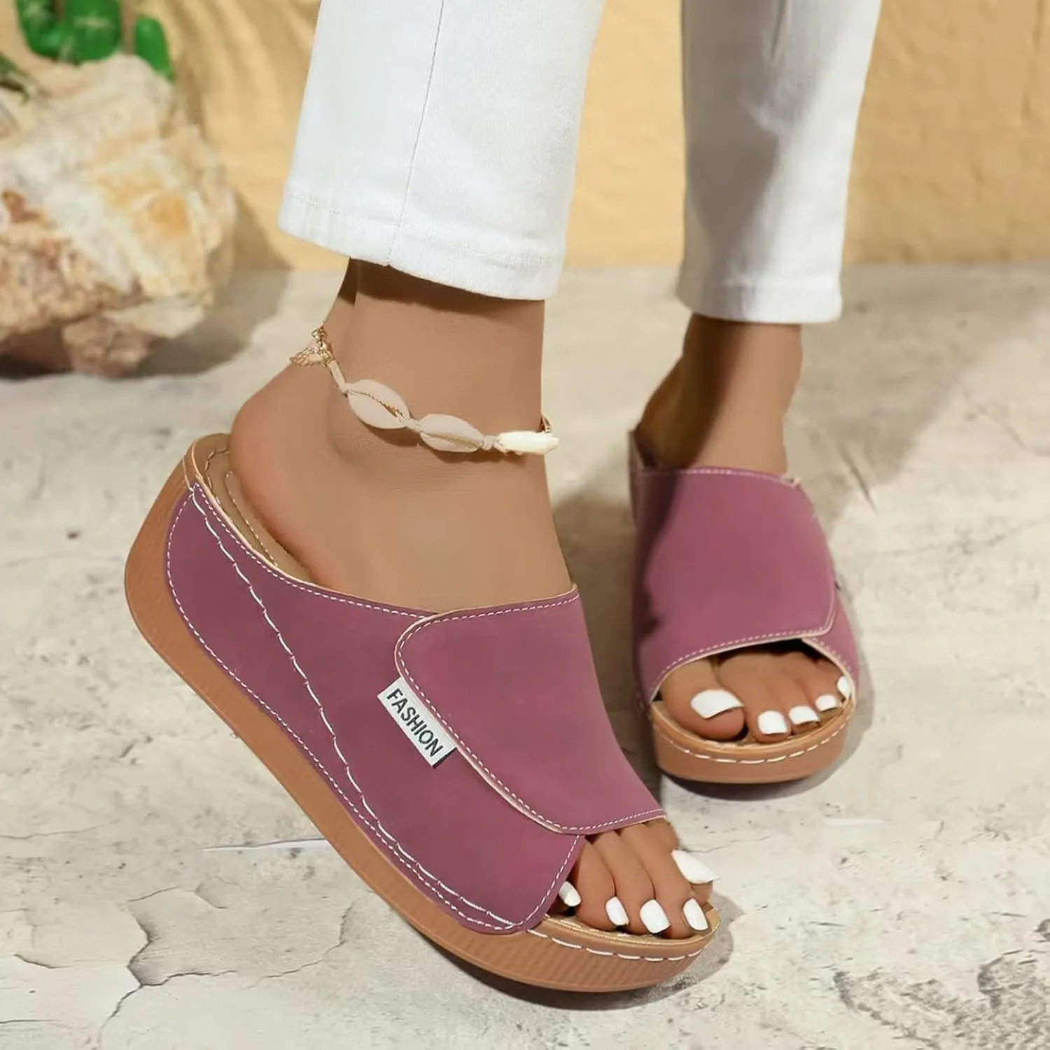 Orthopedic Wedge Sandals for Women Walking Chunky Heel Slip On Sandals with Arch Support Summer Comfy Open Toe Slides