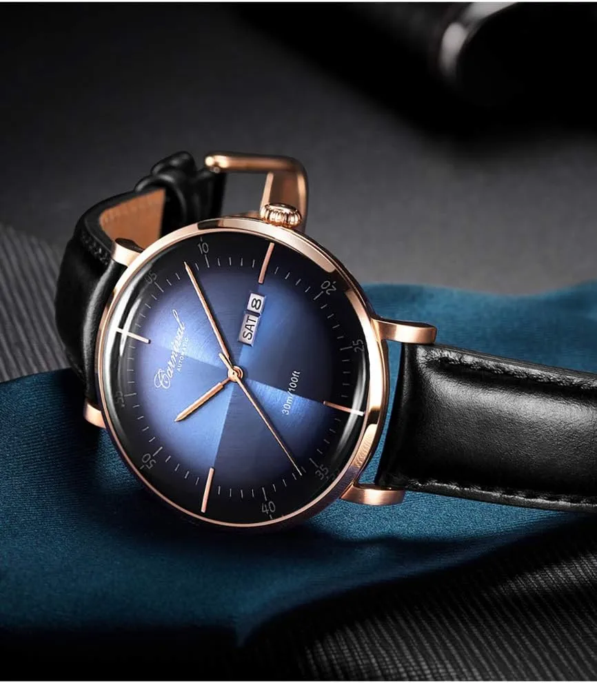 PASOY Luxury Men's Automatic Watch Tourbillon Sapphire Crystal Black Leather Watch Dress Mechanical Rose Gold Gradient Color Dial Watches reloj de pulsera