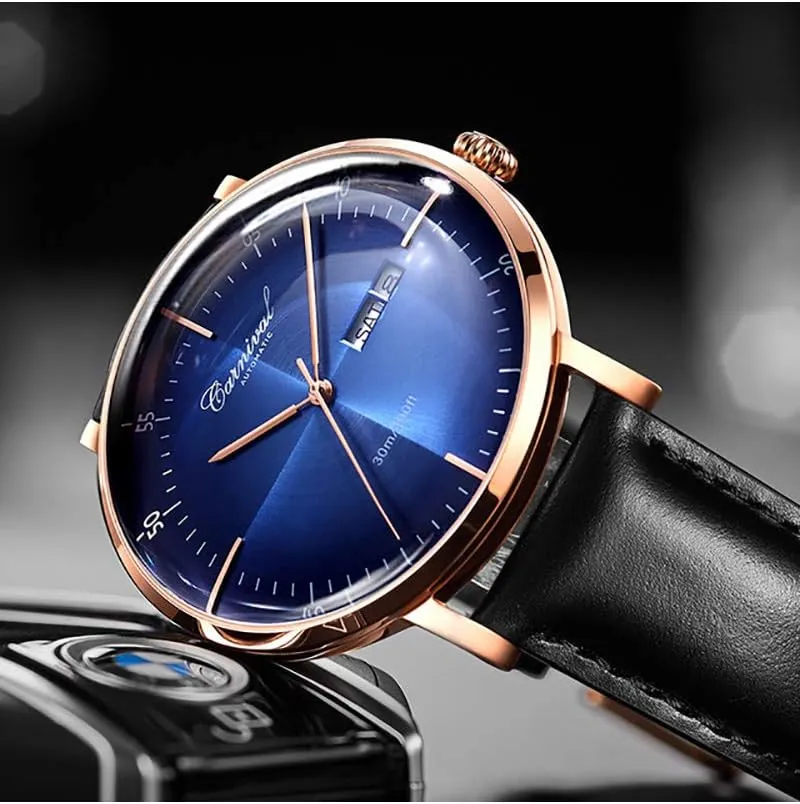 PASOY Luxury Men's Automatic Watch Tourbillon Sapphire Crystal Black Leather Watch Dress Mechanical Rose Gold Gradient Color Dial Watches reloj de pulsera