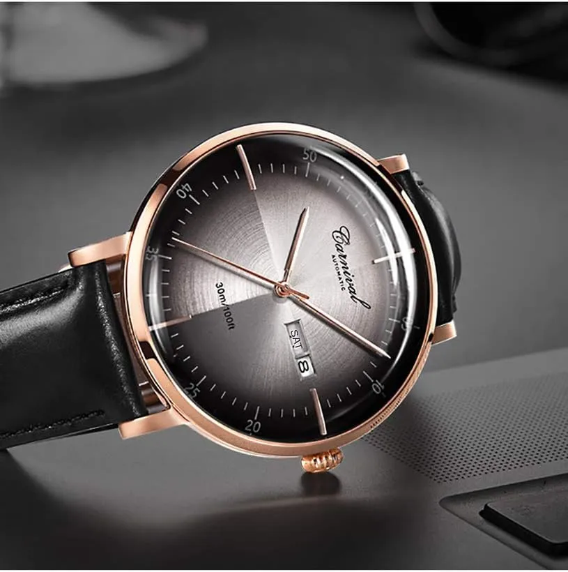 PASOY Luxury Men's Automatic Watch Tourbillon Sapphire Crystal Rose Gold Case Black Leather Strap Dress Mechanical Date Skeleton Waterproof Analog Watches