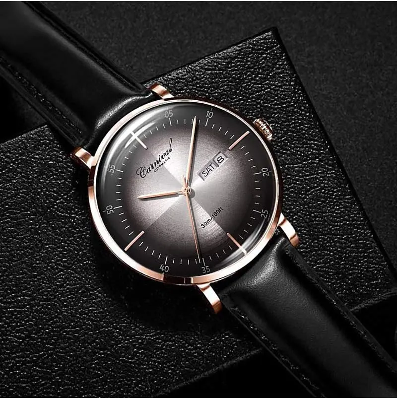 PASOY Luxury Men's Automatic Watch Tourbillon Sapphire Crystal Rose Gold Case Black Leather Strap Dress Mechanical Date Skeleton Waterproof Analog Watches