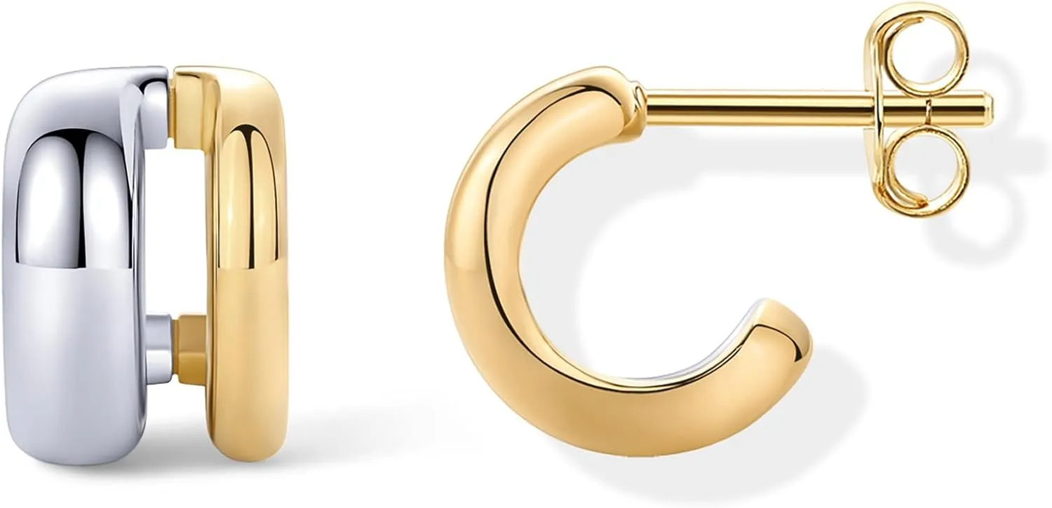 PAVOI 14K Gold Plated and Rhodium Plated Two Tone Multihoop Double Hoop Geometric Earrings for Women | Mixed Metals Huggie Multi Earring Statement Pair