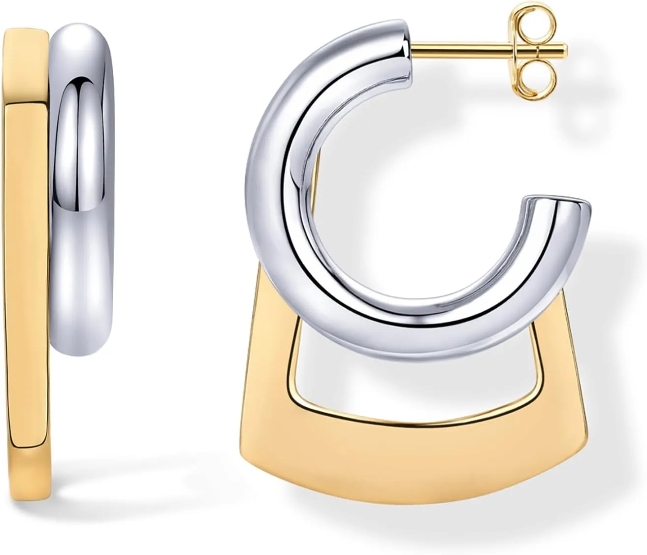 PAVOI 14K Gold Plated and Rhodium Plated Two Tone Multihoop Double Hoop Geometric Earrings for Women | Mixed Metals Huggie Multi Earring Statement Pair
