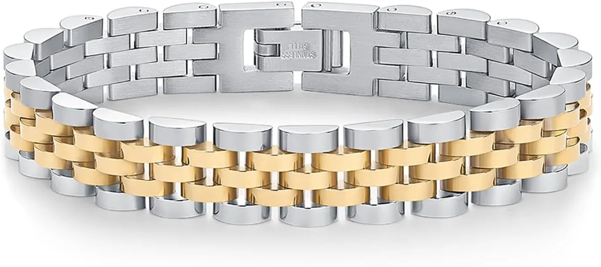 PAVOI 14K Gold Plated Waterproof Watch Strap Chain Bracelet for Women | Two Toned Mixed Metals Stainless Steel Chunky Link Bracelet