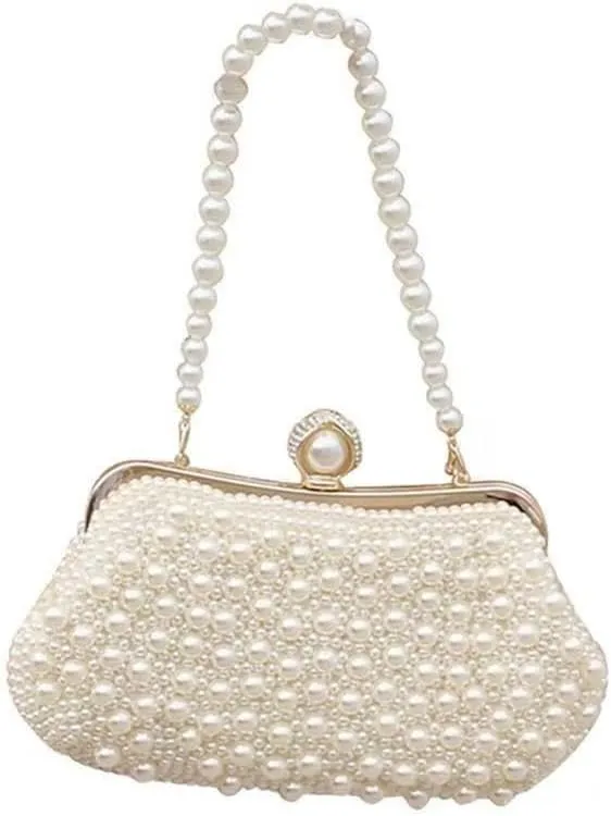 Pearl Beaded Evening Clutch Purse, Metallic Frame, Chain Strap, White
