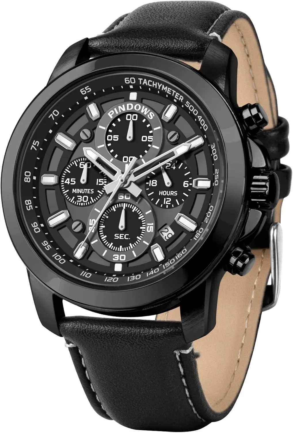 PINDOWS Men's Analog Quartz Chronograph Watches Waterproof Business Casual Dress Watch with Black Brown Leather Strap