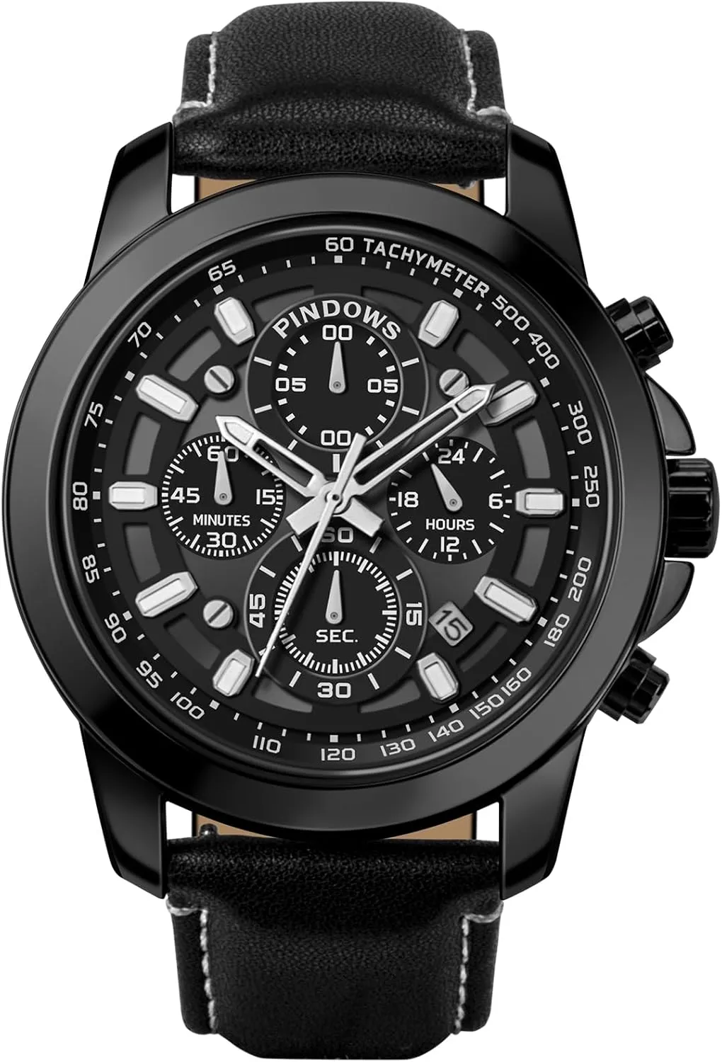 PINDOWS Men's Analog Quartz Chronograph Watches Waterproof Business Casual Dress Watch with Black Brown Leather Strap