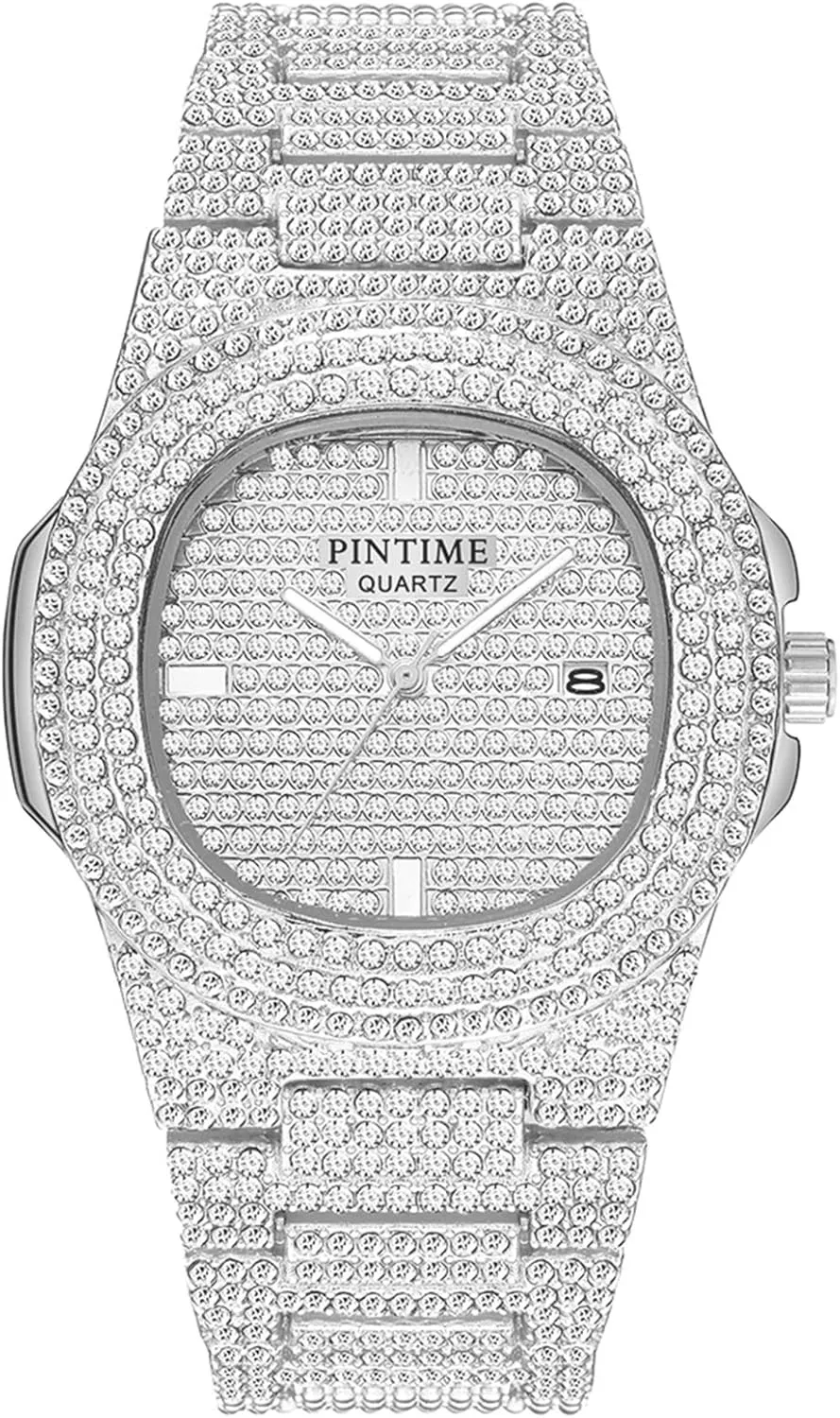 PINTIME Mens Diamond Watches Luxury Unisex Silver Gold Iced-Out Bling CZ Crystal Fashion Quartz Womens Watch