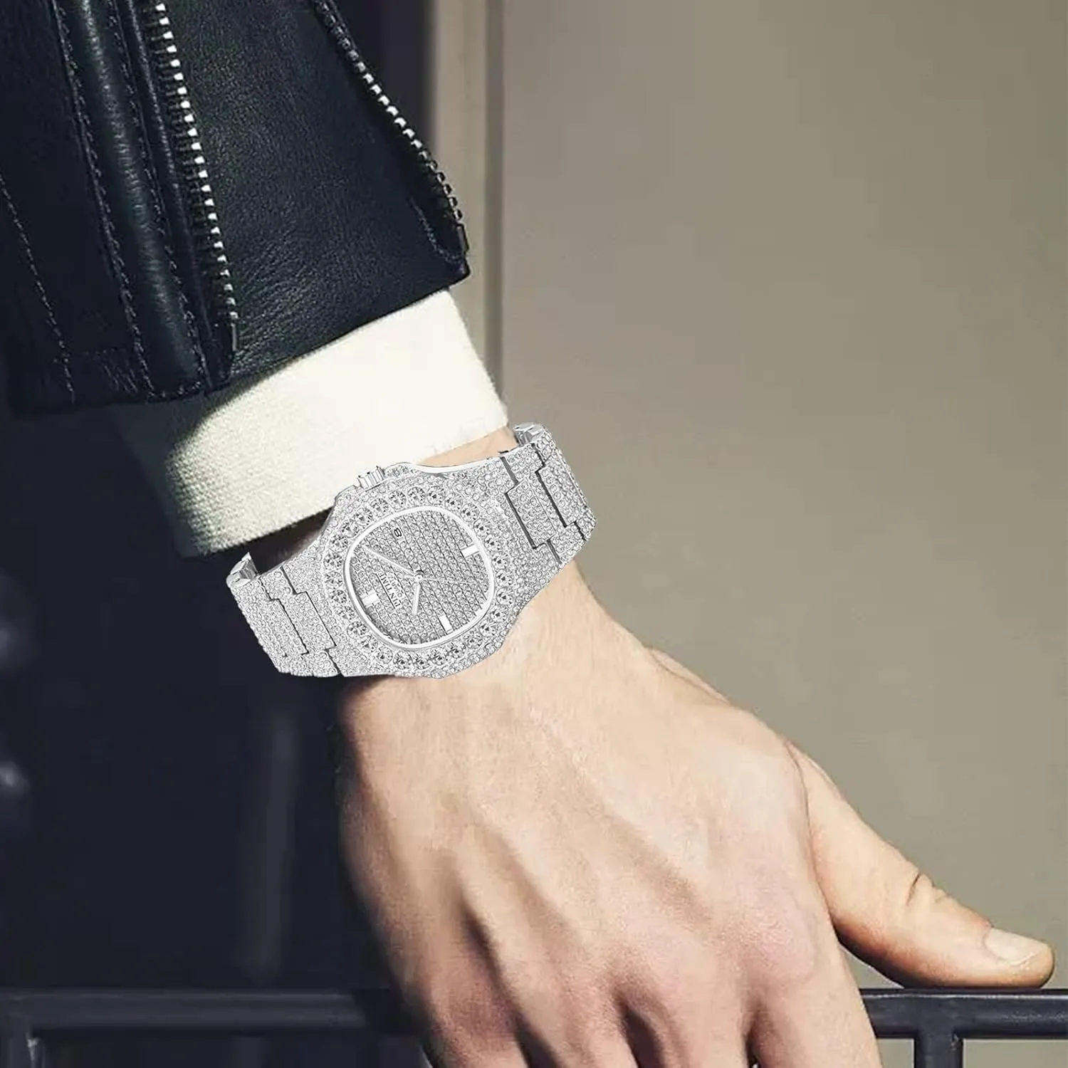 PINTIME Mens Diamond Watches Luxury Unisex Silver Gold Iced-Out Bling CZ Crystal Fashion Quartz Womens Watch