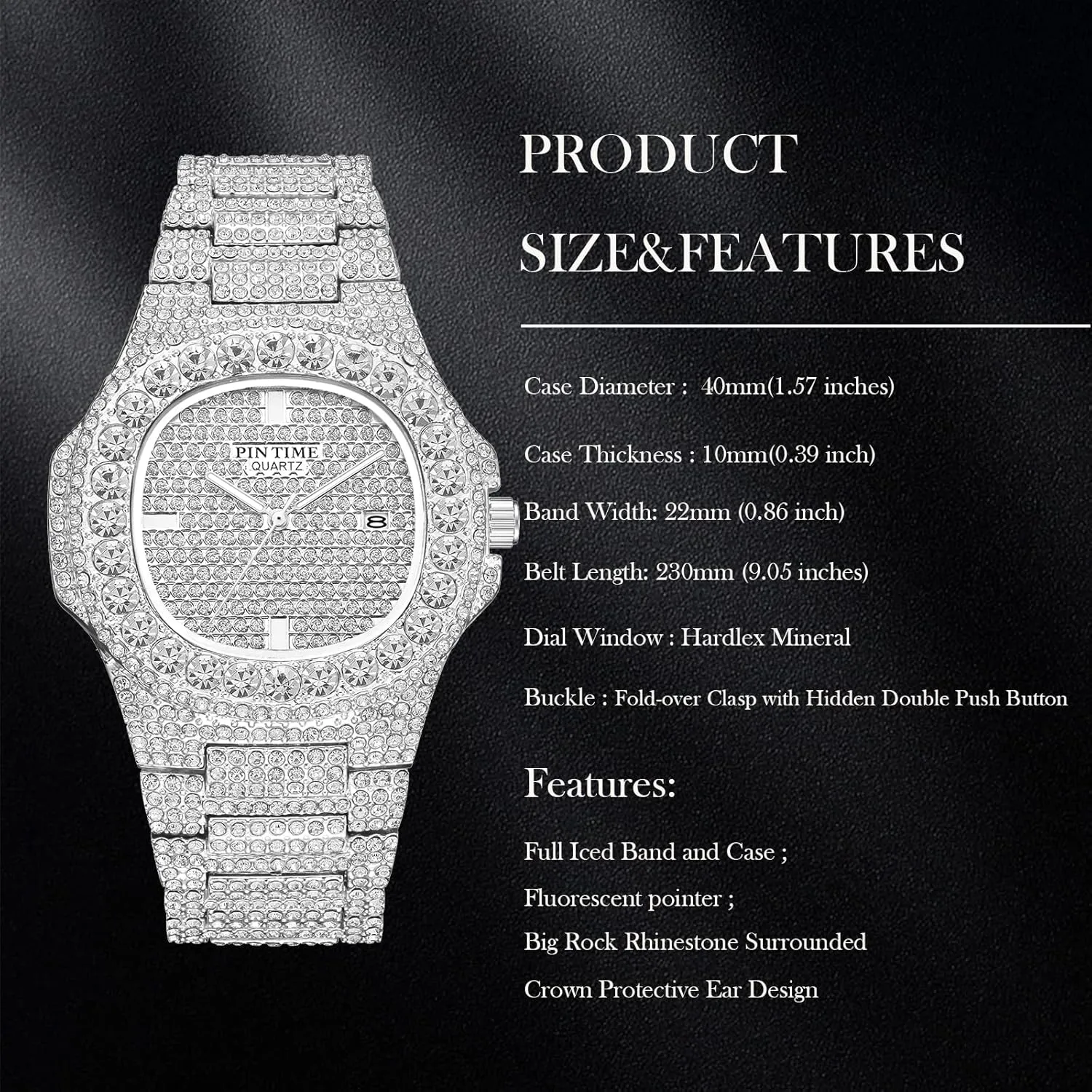PINTIME Mens Diamond Watches Luxury Unisex Silver Gold Iced-Out Bling CZ Crystal Fashion Quartz Womens Watch