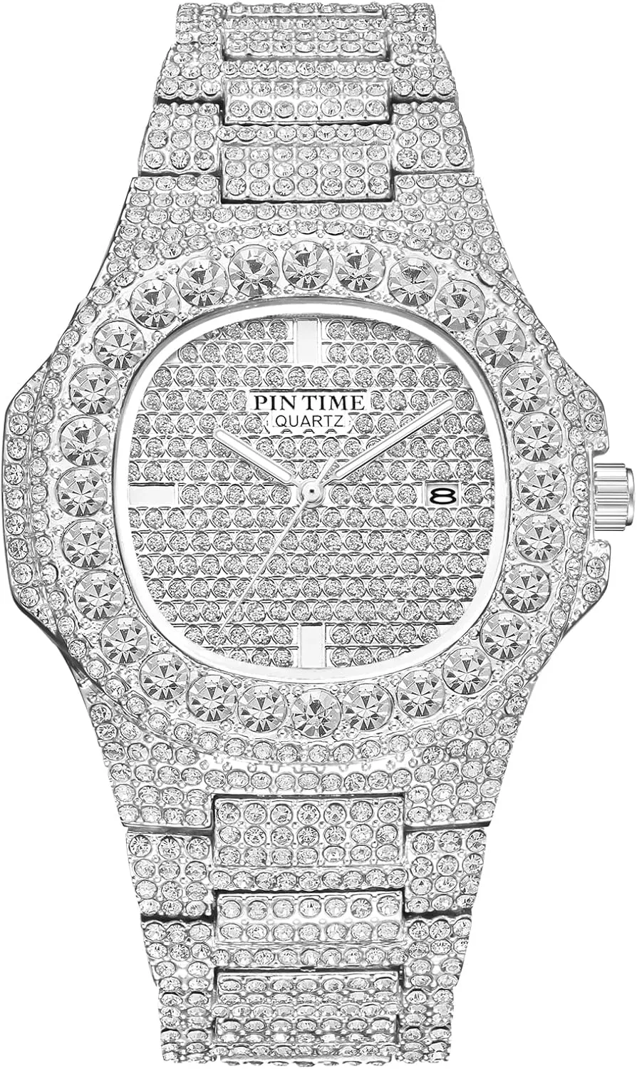 PINTIME Mens Diamond Watches Luxury Unisex Silver Gold Iced-Out Bling CZ Crystal Fashion Quartz Womens Watch