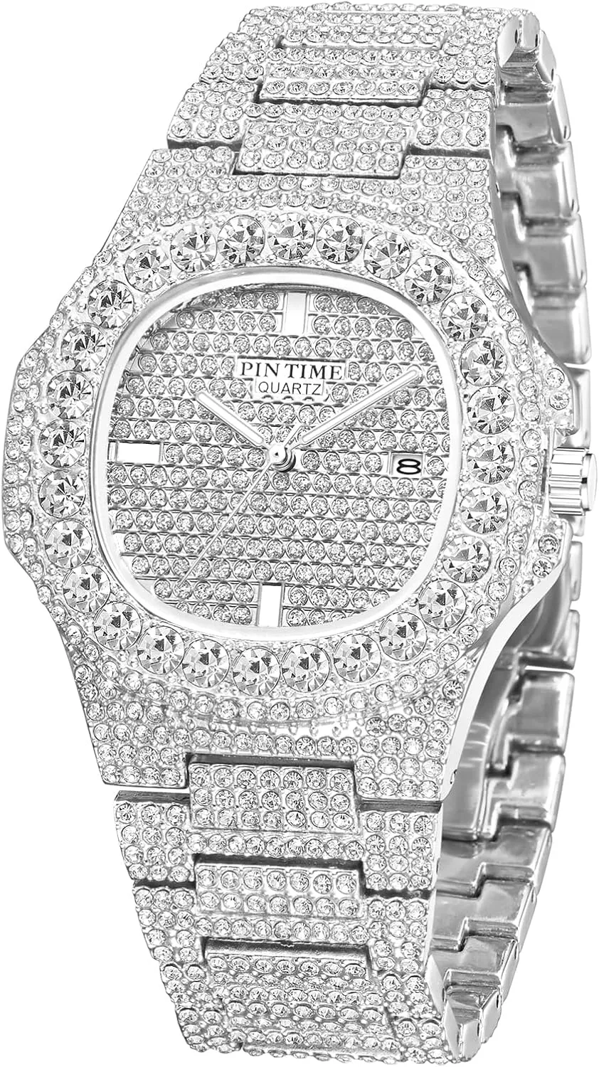 PINTIME Mens Diamond Watches Luxury Unisex Silver Gold Iced-Out Bling CZ Crystal Fashion Quartz Womens Watch