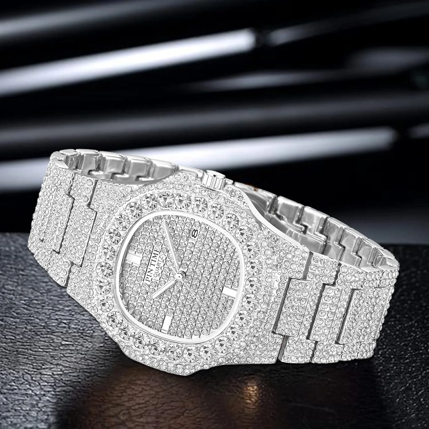 PINTIME Mens Diamond Watches Luxury Unisex Silver Gold Iced-Out Bling CZ Crystal Fashion Quartz Womens Watch