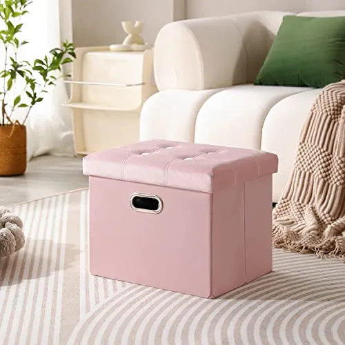 PRANDOM Ottoman with Storage [2-Pack] Velvet Folding Small Square Foot Stool with Lid for Living Room Bedroom Coffee Table Dorm Pink 17x13x13 inches