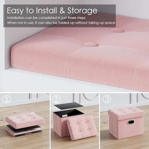 PRANDOM Ottoman with Storage [2-Pack] Velvet Folding Small Square Foot Stool with Lid for Living Room Bedroom Coffee Table Dorm Pink 17x13x13 inches